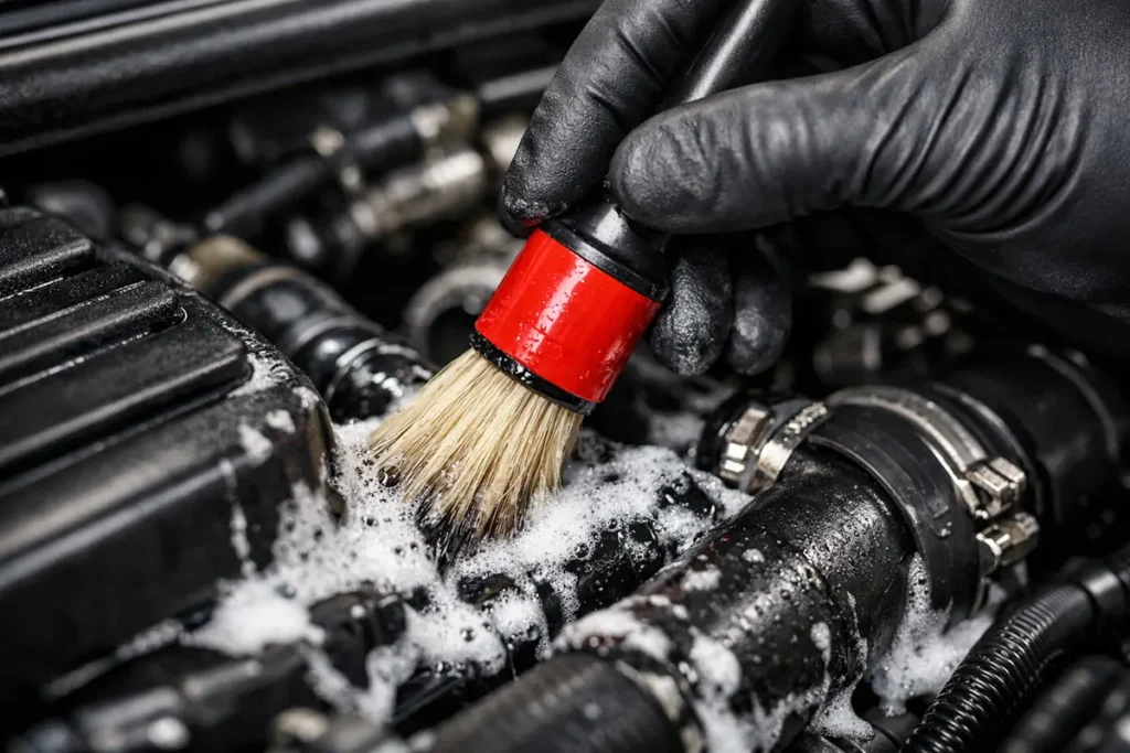 Limpeza Técnica de Motor: O Segredo para a Performance, Longevidade e Valorização do Coração do Seu Carro 1 Limpeza Técnica de Motor - Performance Longevidade e Valorização do Carro - Lavagem Automotiva Martelinho de Ouro - processo_limpeza_pincel