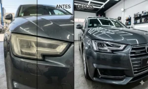 Processo de revitalização dos faróis profissional exibindo o antes e depois da restauração da lente de policarbonato automotivo