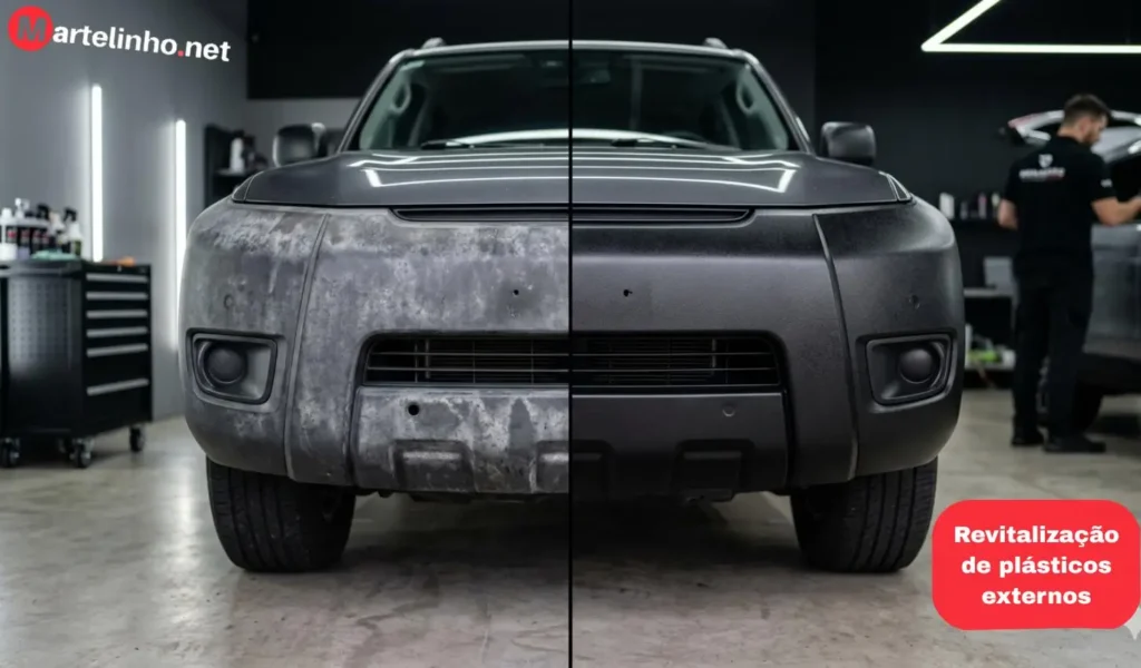 Serviços de revitalização de plásticos externos mostrando o efeito de antes e depois em para-choque automotivo desbotado pelo sol Martelinho.Net