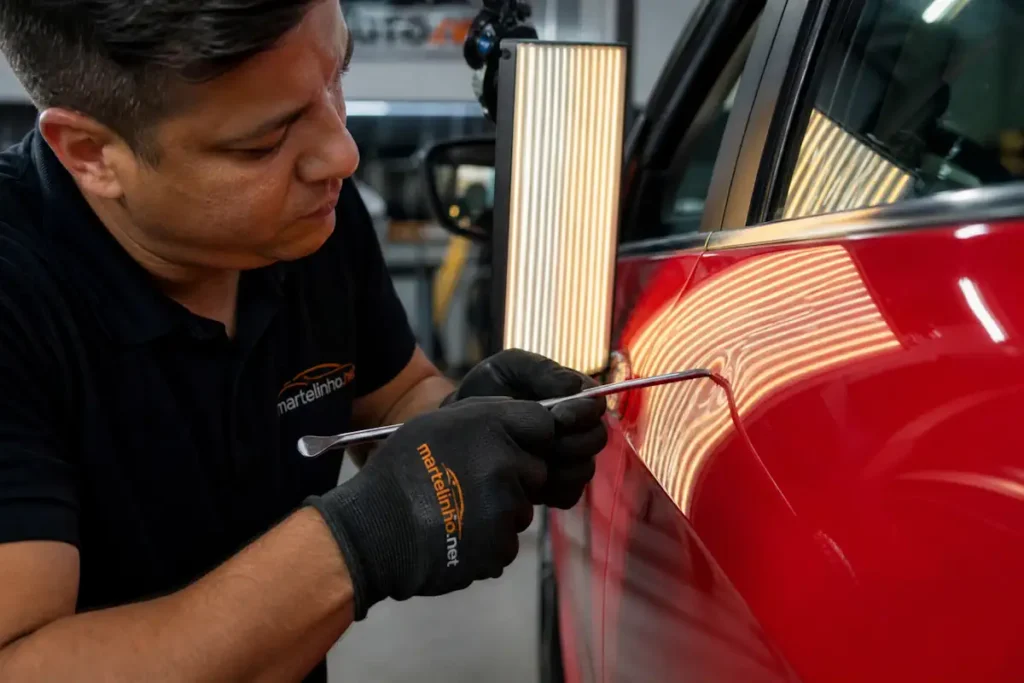 Reparação de Amassados Sem Pintura: Um guia para salvar seu carro mantendo a originalidade 1 Profissional realizando a reparação de amassados sem pintura utilizando lâmpada de LED linear em oficina de martelinho de ouro