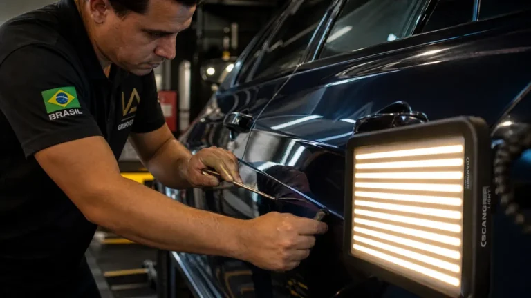 Profissional realizando reparos automotivos rápidos sem pintura em lataria com técnica de martelinho de ouro