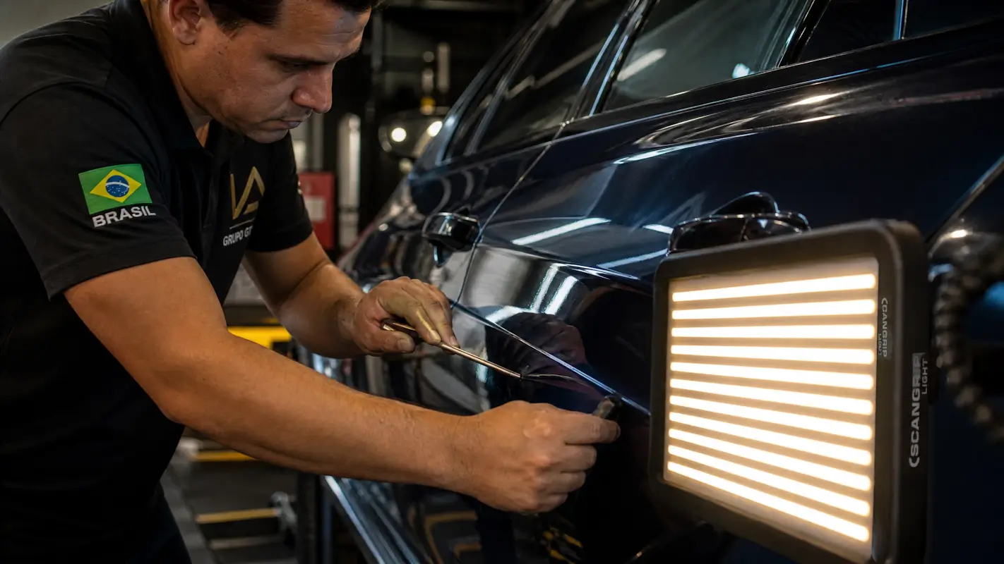 Profissional realizando reparos automotivos rápidos sem pintura em lataria com técnica de martelinho de ouro