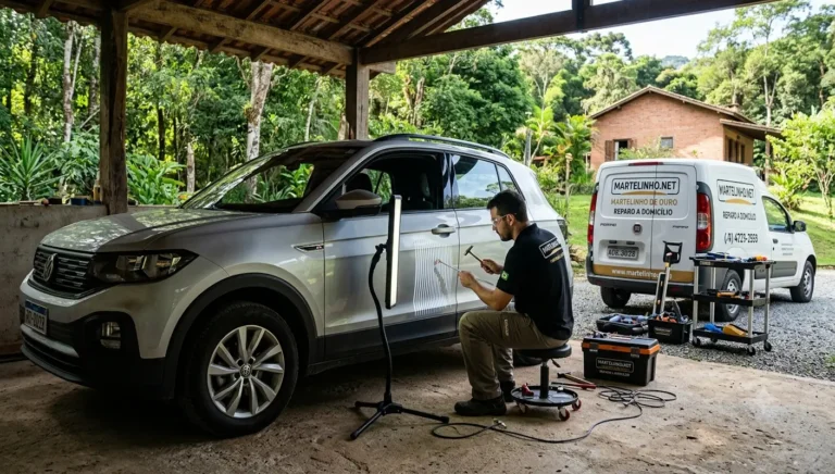 Técnico realizando serviço de Martelinho de ouro Juquitiba a domicílio em casa para desamassar lataria mantendo a pintura original de fábrica - martelinho.net