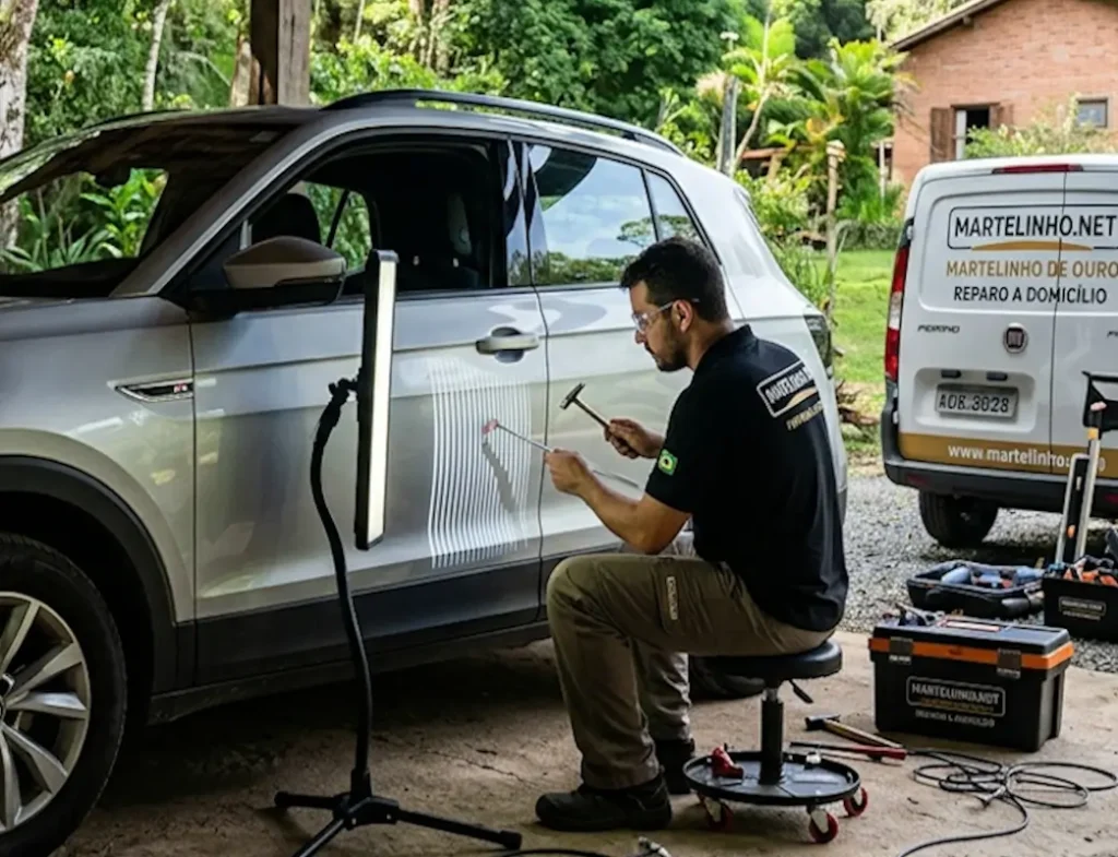 Martelinho de Ouro Juquitiba: A Solução Definitiva Para Seu Carro Sem Perder a Pintura Original 19 Técnico realizando serviço de Martelinho de ouro Juquitiba a domicílio em casa para desamassar lataria mantendo a pintura original de fábrica - martelinho.net