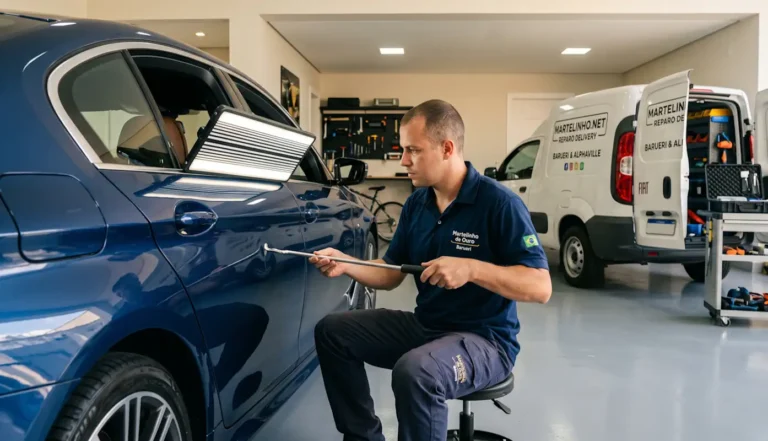 Técnico realizando martelinho de ouro em Barueri delivery com luminária de reflexo em garagem residencial.