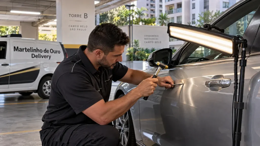 Profissional aplicando martelinho de ouro em amassado na porta de carro no Campo Belo, São Paulo, com atendimento a domicílio e preservação da pintura original.