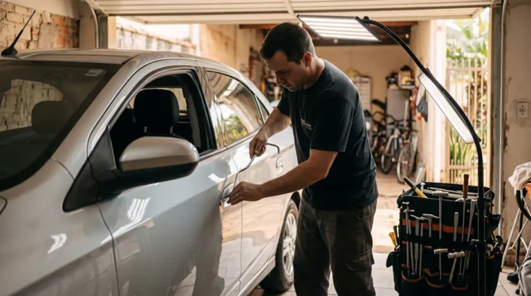 Profissional de martelinho de ouro em Embu das Artes delivery trabalhando em carro prata em garagem residencial, preservando a pintura original com ferramenta especializada.