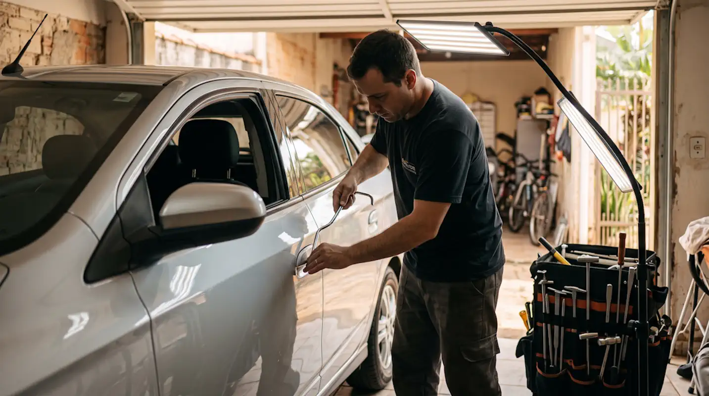 Profissional de martelinho de ouro em Embu das Artes delivery trabalhando em carro prata em garagem residencial, preservando a pintura original com ferramenta especializada.